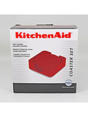 KitchenAid Silicone Coaster Set of 6 Red with Holder 4 inch Rare New Old Stock